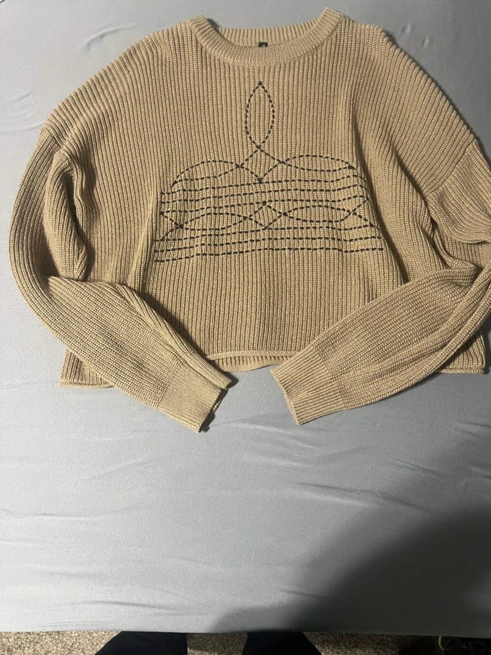 Brown Knit Crewneck Sweater with Boot Stitch Embroidered Detail